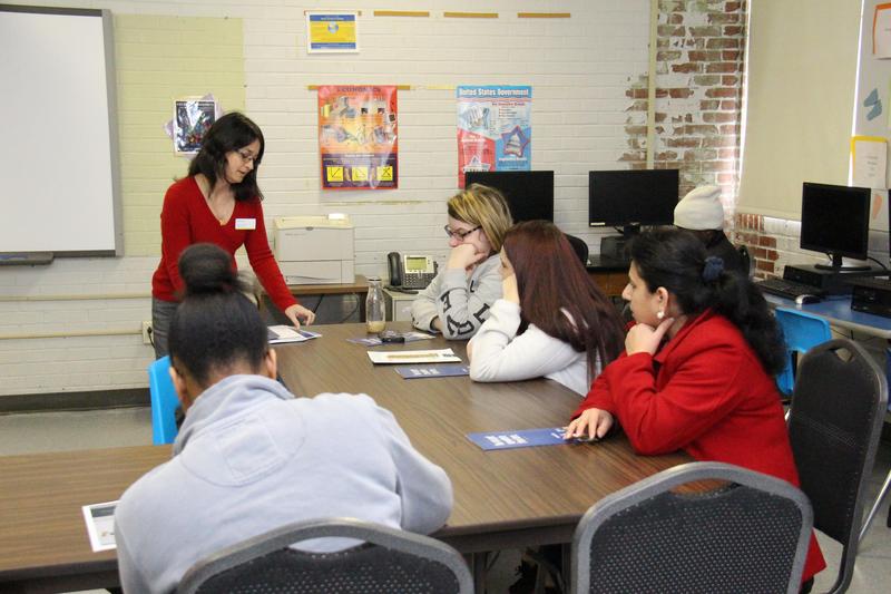 Denise Dunovant, a Student Services Program Coordinator from Midlands Technical College, speaks with students at the Lifelong Learning Center as part of its Workplace Wednesdays program.