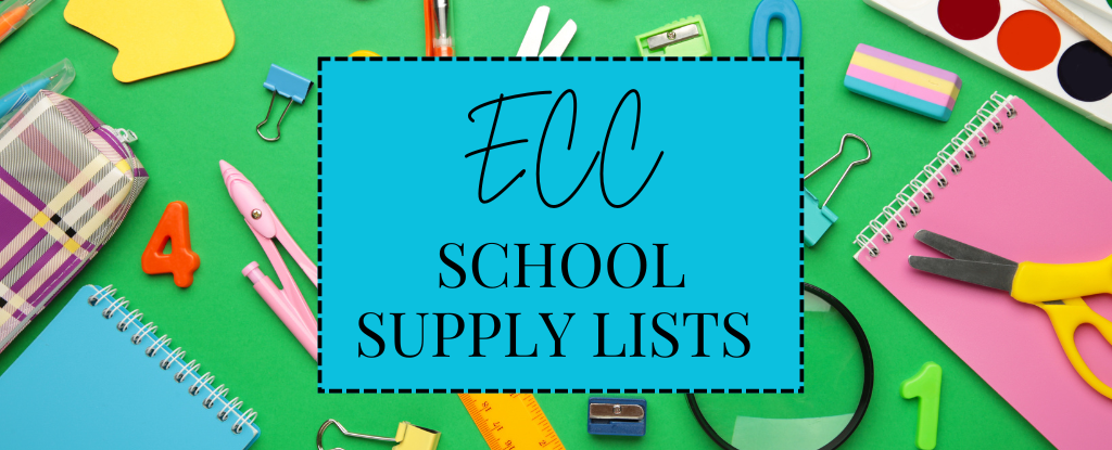 Colorful school supplies arranged on a green background with a title card.