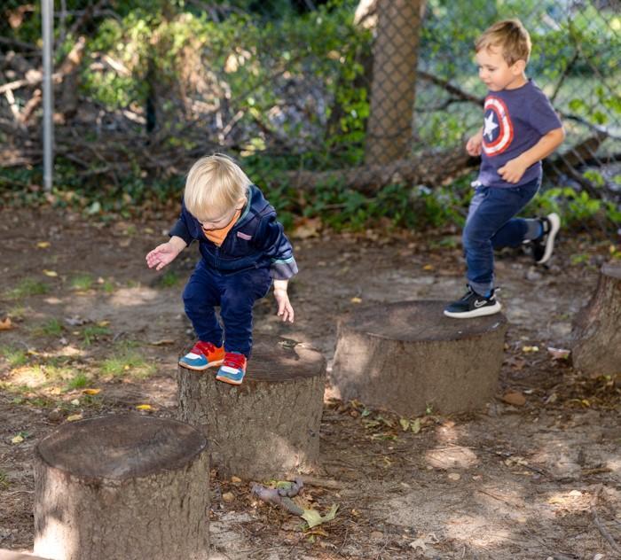 Preschool students jumping and balancing on Tree Stumps. Large Motor Skill.