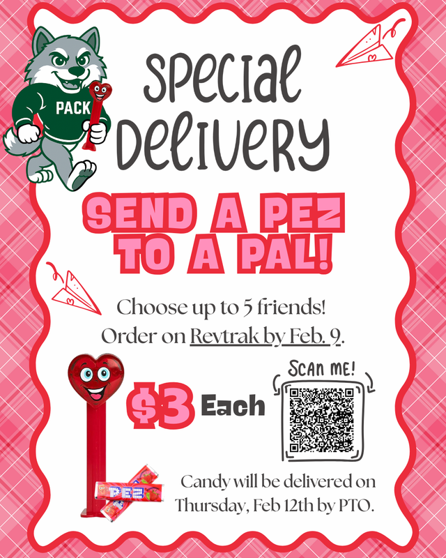 A promotional flyer inviting to send PEZ candies to friends, featuring a cartoon wolf mascot.
