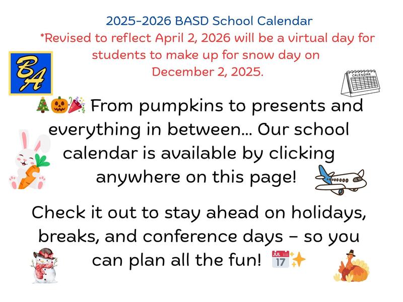 Colorful school calendar announcement with seasonal illustrations and important dates.