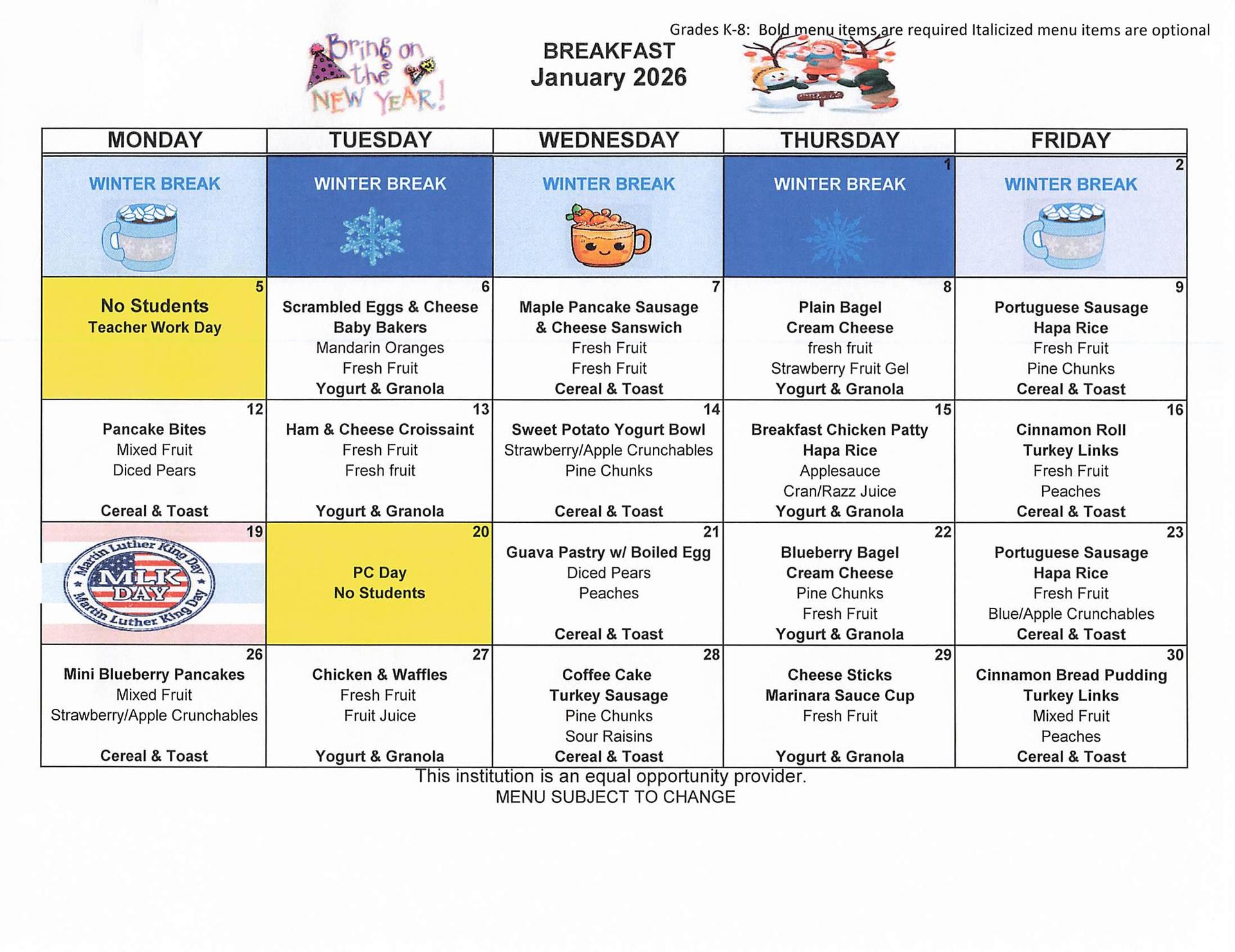 January - Breakfast Menu