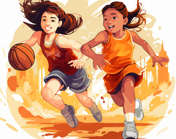 Two girls joyfully playing basketball in a vibrant, dynamic scene.