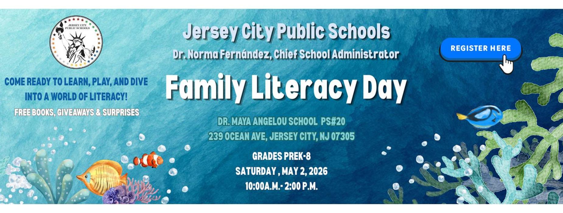 Banner for Family Literacy Day event with ocean-themed designs and event details.