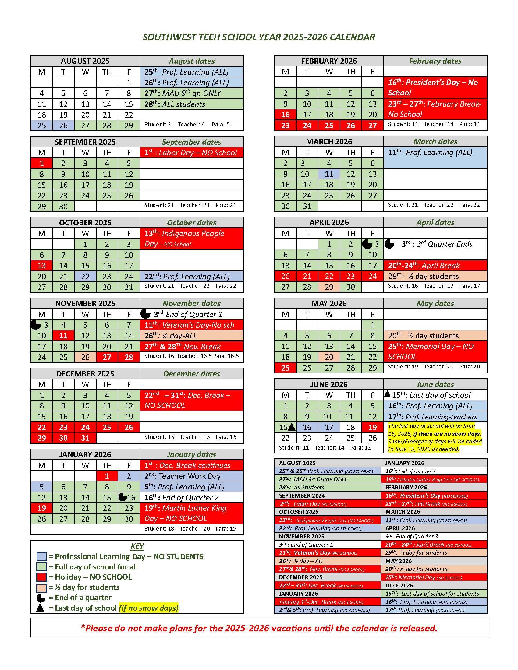 The school wide calendar