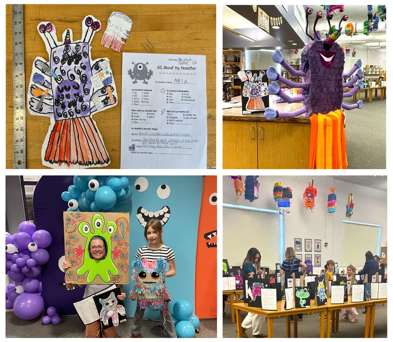 Collage of photos from the Monster Meet event including colorful paper mache pinatas.