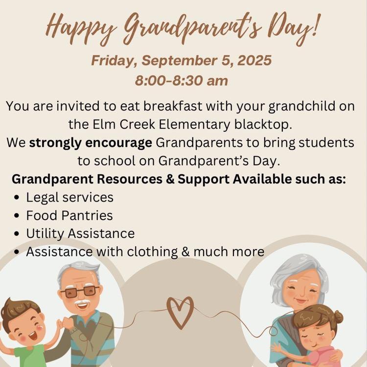 Beige background, grandson and grandfather clip art, granddaughter and grandmother clip art; English text