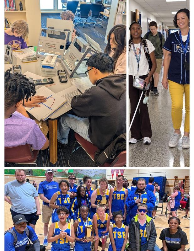 Collage of TSB students in class, traveling with a white cane, and participating in track and field.