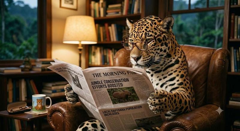 This image is of a jaguar reading the newspaper.