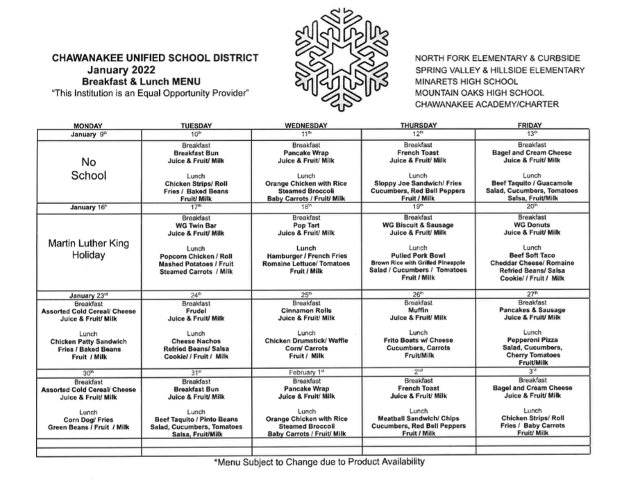 Meal Menu For Parents Spring Valley Elementary School