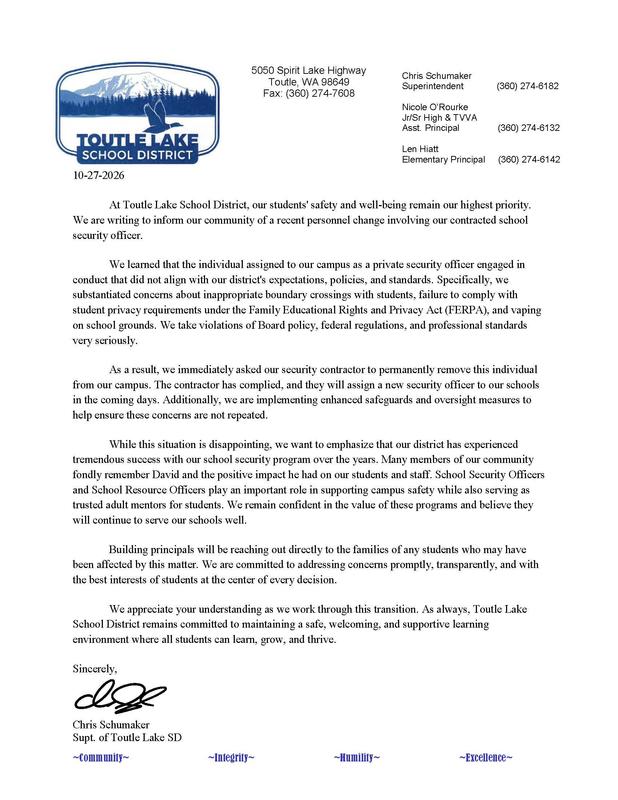 Letter Home Concerning- School Security Officer