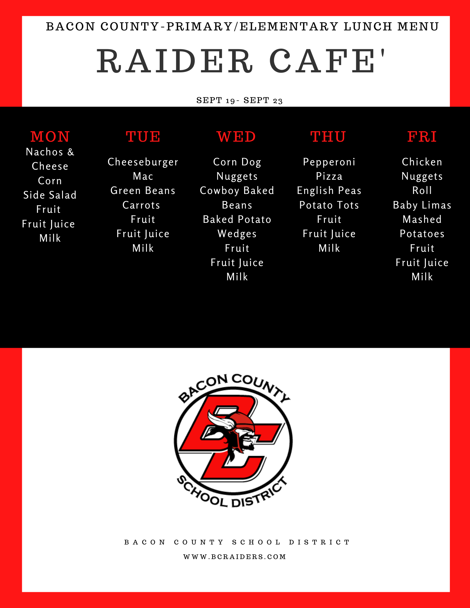 BCSD Lunch Menus Lunch Menu Bacon County School District