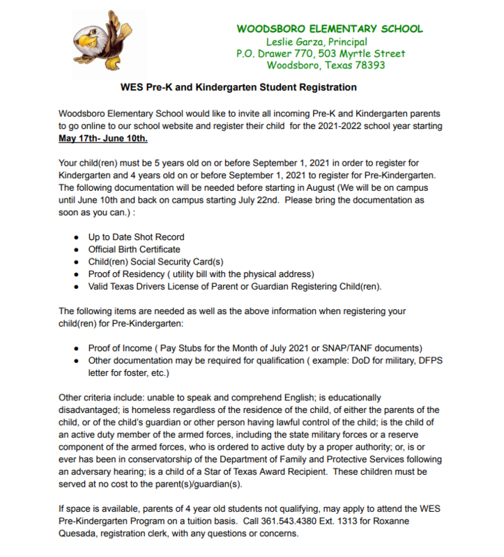 Pre-K and Kinder Registration for Woodsboro Elementary will begin on May 17th! Featured Photo
