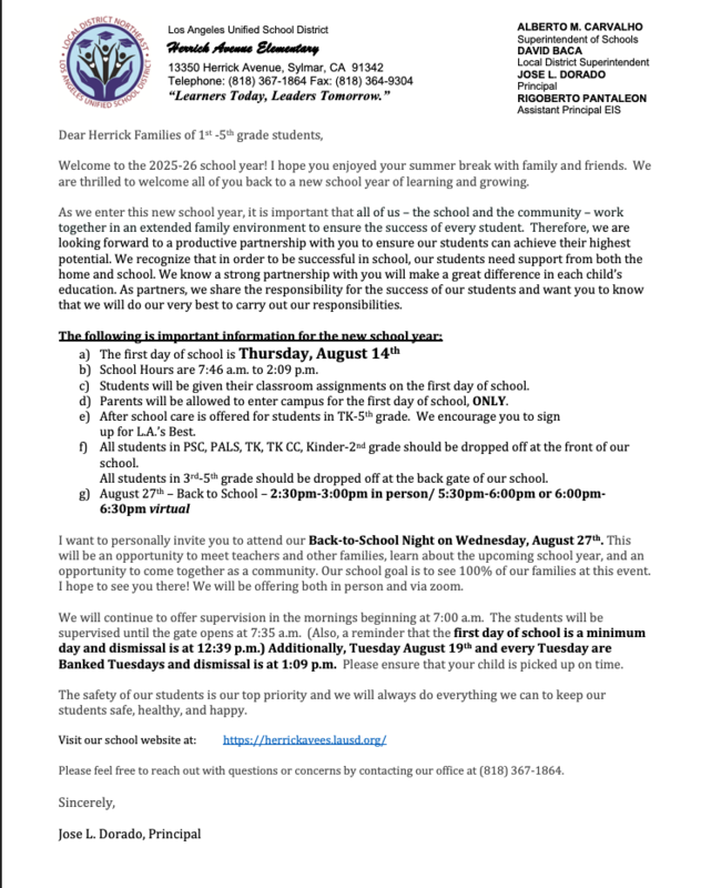 1-5th grade welcome letter