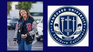 A person smiles in a letterman jacket with patches, standing outdoors. Next to them is the Vanguard University logo with a torch and cross.