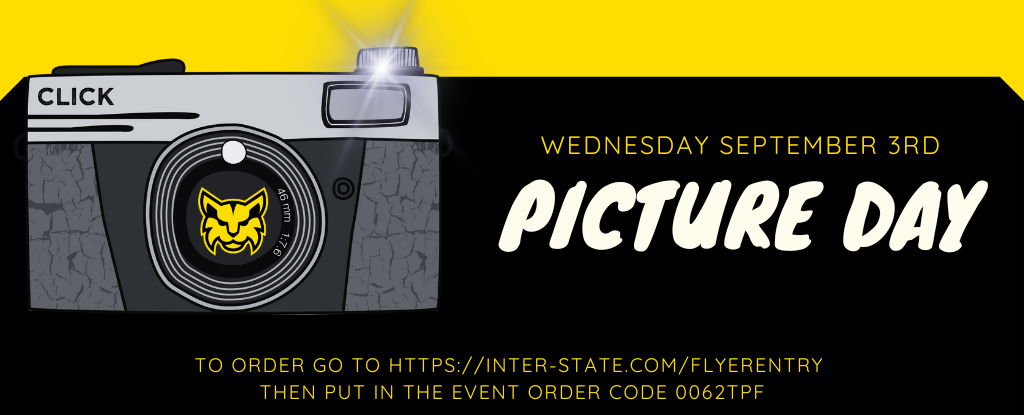Graphic of a camera with a yellow bobcat logo promoting Picture Day on September 3rd.