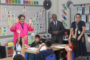 School Principal Dr. Rodriguez welcomes Superintendent Thurmond to Ms. Riveras Class.