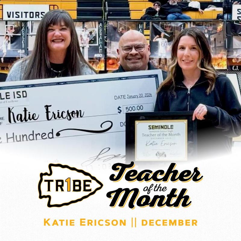 Katie Ericson Accepting her Teacher of the Month Award with Abi Adam and Richard Rosales