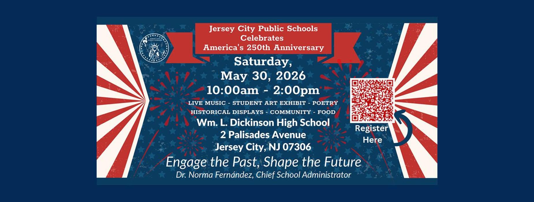 Event flyer for Jersey City Public Schools' 250th Anniversary celebration.