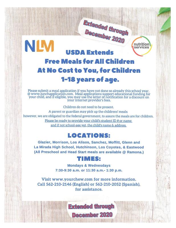 FREE MEALS EXTENDED DEADLINE FOR ALL NLMUSD CHILDREN, AGES 1-18 Featured Photo