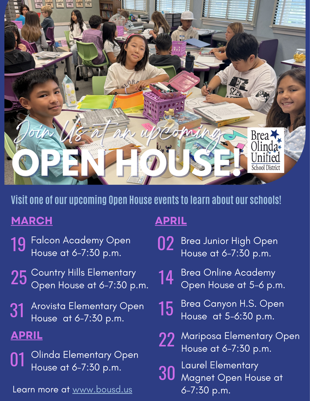 Open house flyer with a photo of students in the classroom sitting at a desk. Text on the flyer has all open house dates