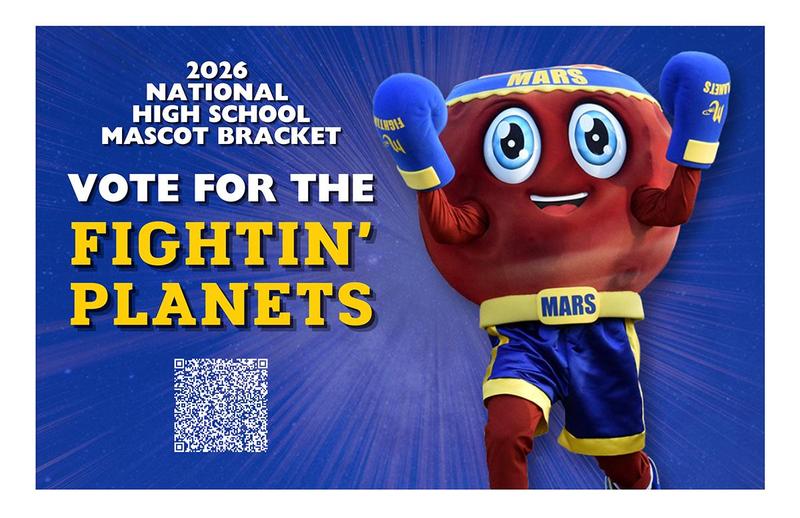 Red mascot character representing Mars, encouraging votes for 'Fightin' Planets'.