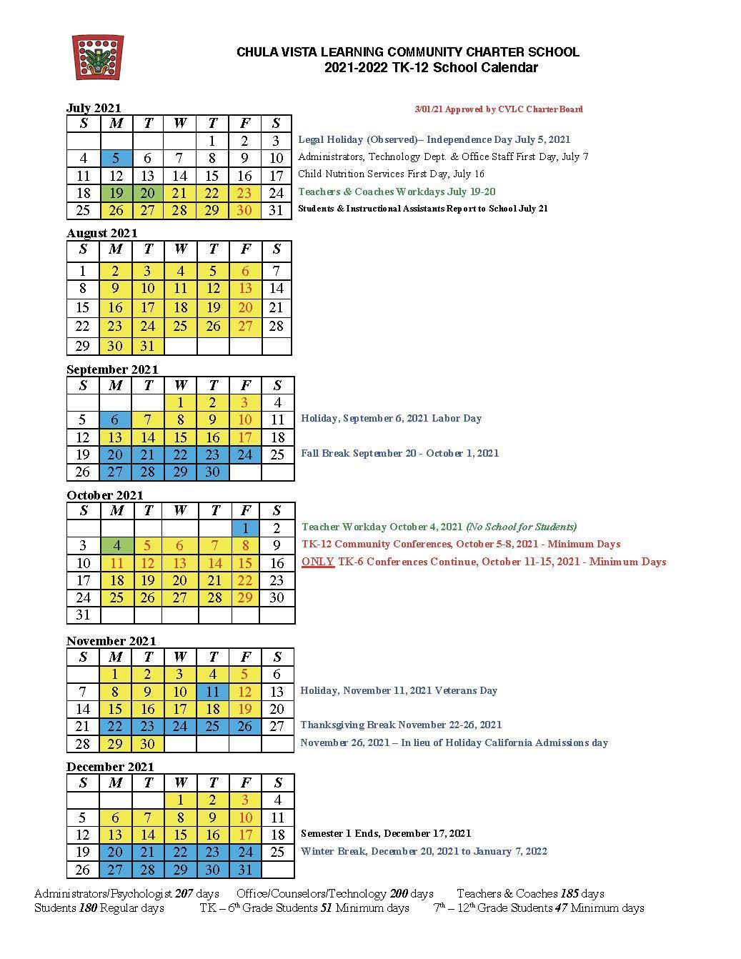 2021/2022 Calendar – Cvlcc Middle School – Chula Vista Learning Community  Charter School