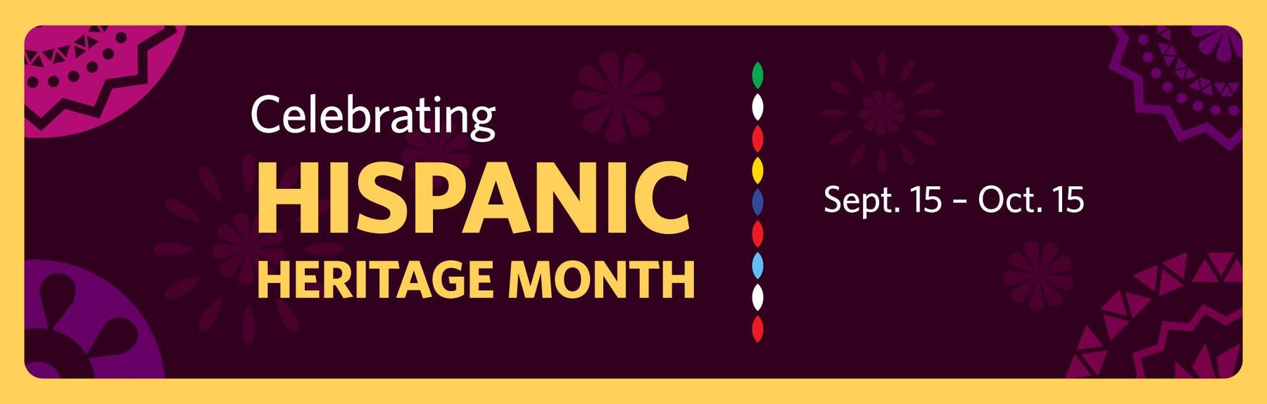 A colorful banner in a Mexican folk art style, with the words, "Celebrating Hispanic Heritage Month, Sept. 15-Oct. 15."