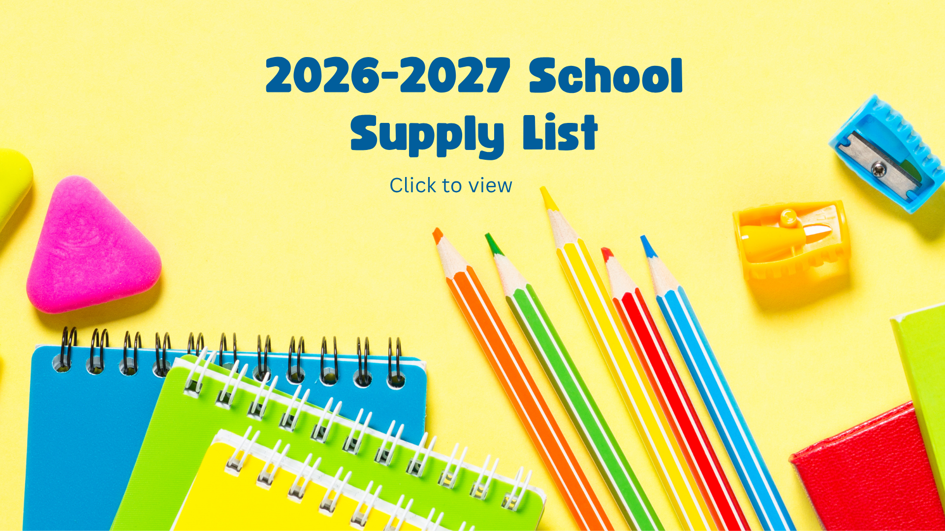 Colorful school supply list with notebooks, pencils, and colorful geometric shapes.