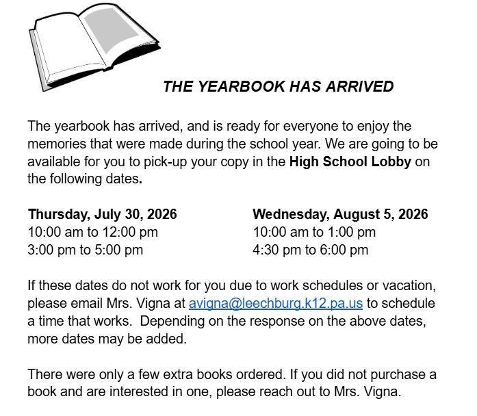 The Middle/High School Yearbook is ready for pickup