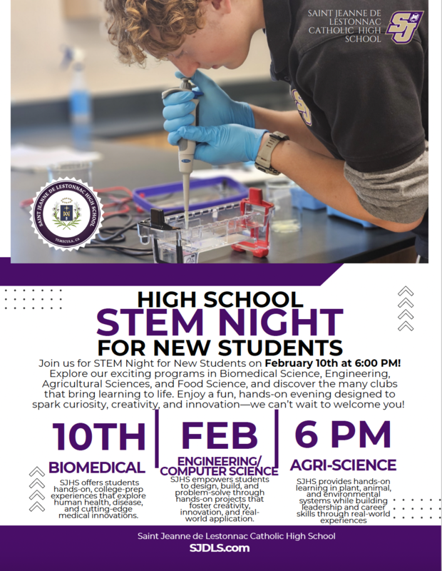 Stem night for new high school students. February 10th at 6pm. Biomedical, engineering, math, science and more
