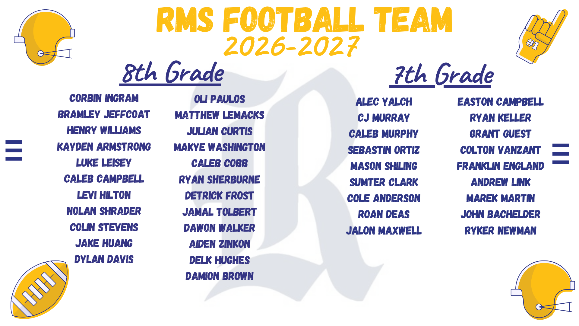 Football team roster for 7th and 8th grades with names and images of helmets.