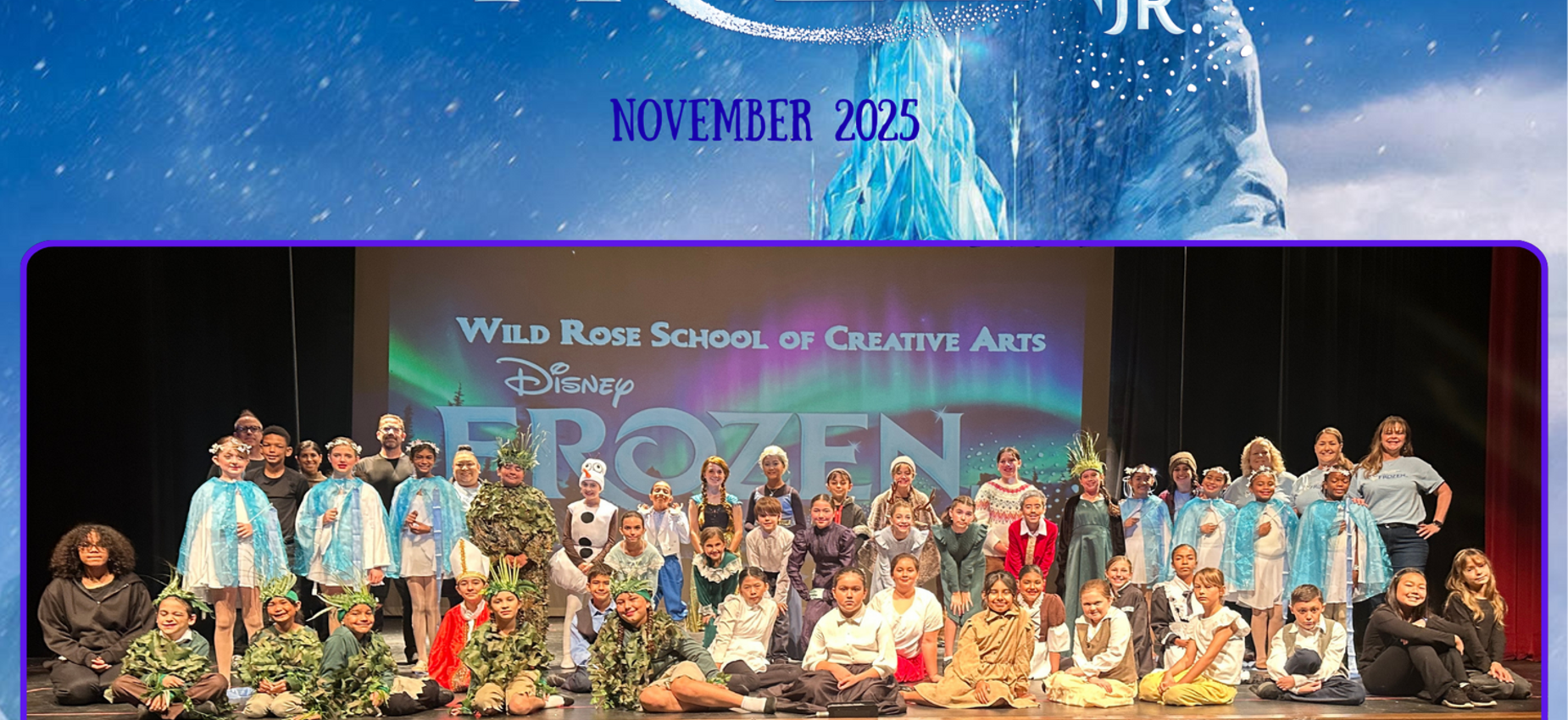 Group photo of performers from Disney's Frozen Jr. on stage with backdrop.