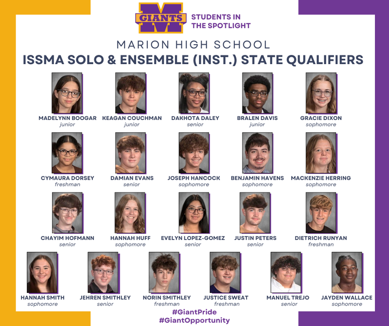 promo graphic - 2026 MHS ISSMA Solo & Ensemble instrumental state qualifiers