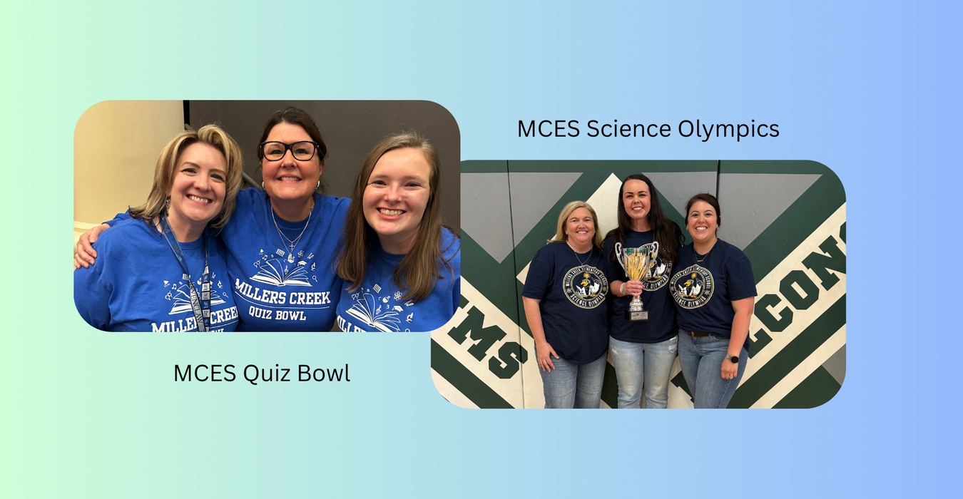 Three smiling women in matching blue shirts at a Quiz Bowl event, holding a trophy.