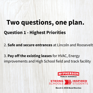Text: Question 1 - Highest Priorities  2. Safe and secure entrances at Lincoln and Roosevelt  3. Pay off the existing leases for HVAC, Energy improvements and High School field and track facility