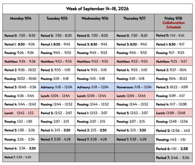 Bell Schedule for Sept. 14 - 18