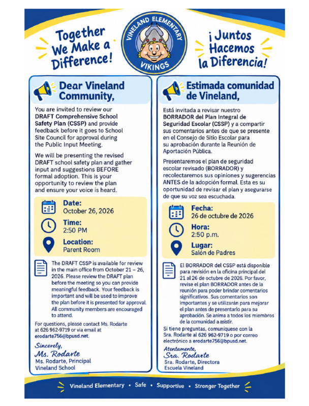 Announcement about a public meeting for school safety review at Vineland Elementary.