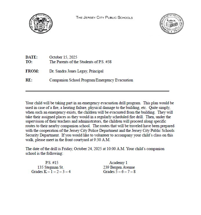PS #38 Fall Evacuation Walk - Parent Letter Featured Photo