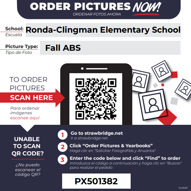 Promotional flyer for school photo ordering information.