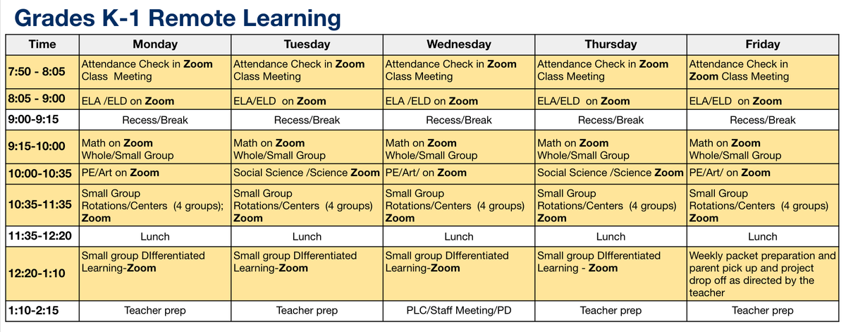K-1 Remote Learning Bell Schedule.