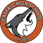Illustration of a gray coyote howling in an orange circle with text that reads, Castaic High School est. 2019