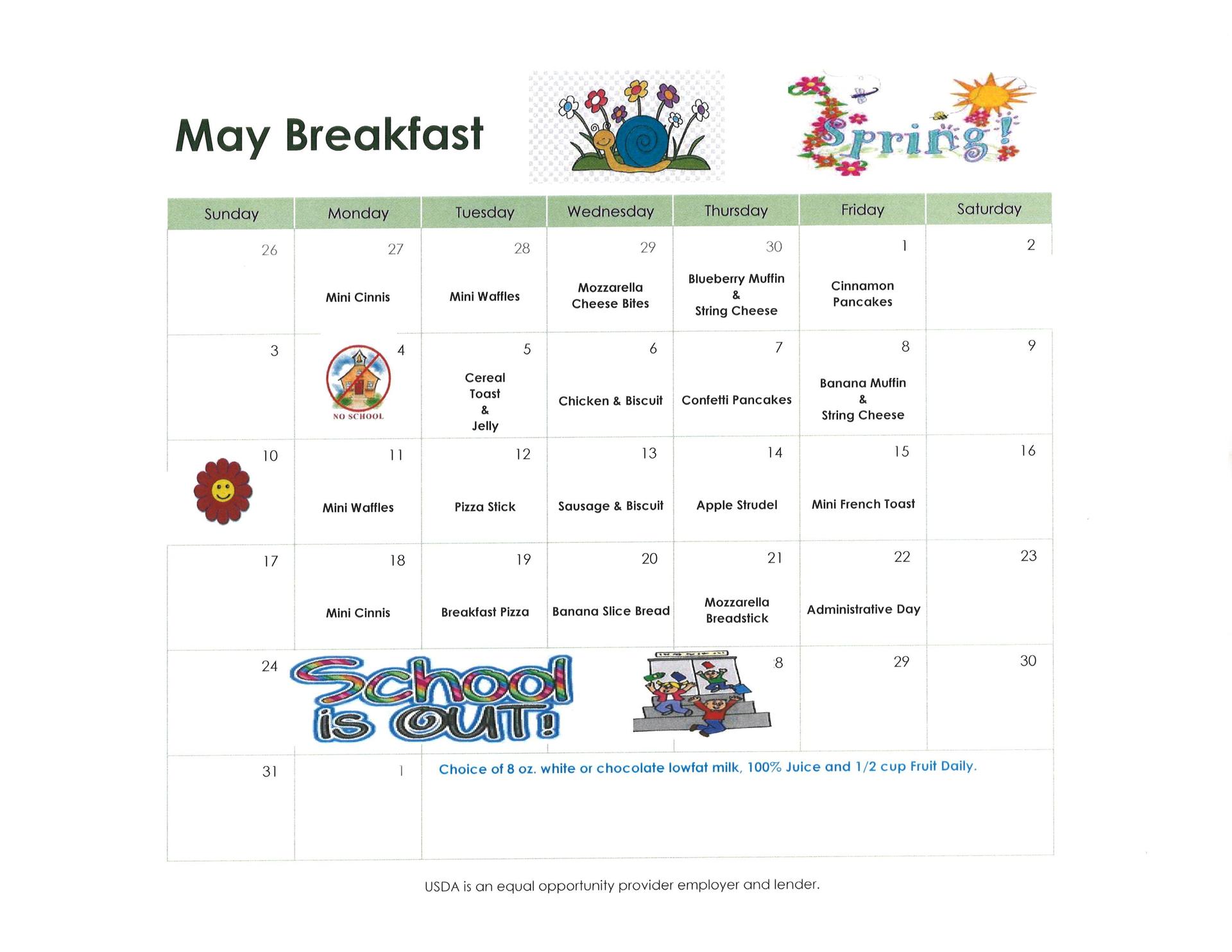 Calendar layout featuring May breakfast menu with various food items listed.
