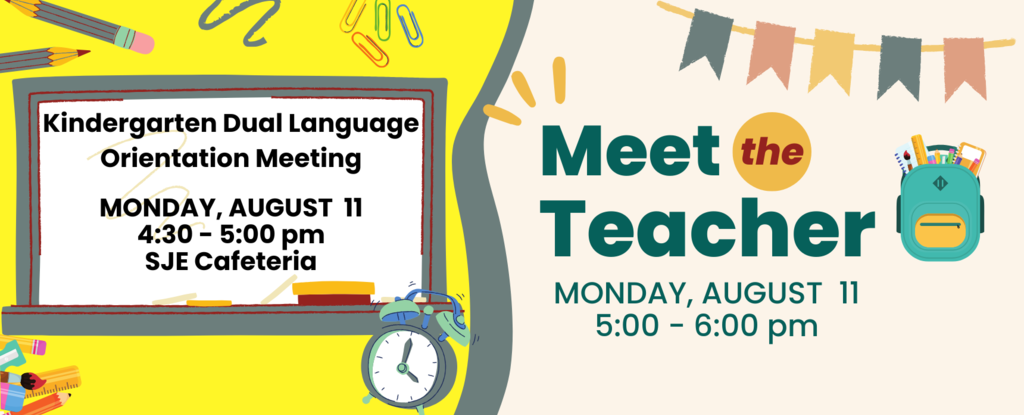 Colorful back-to-school announcement featuring a chalkboard and school supplies.