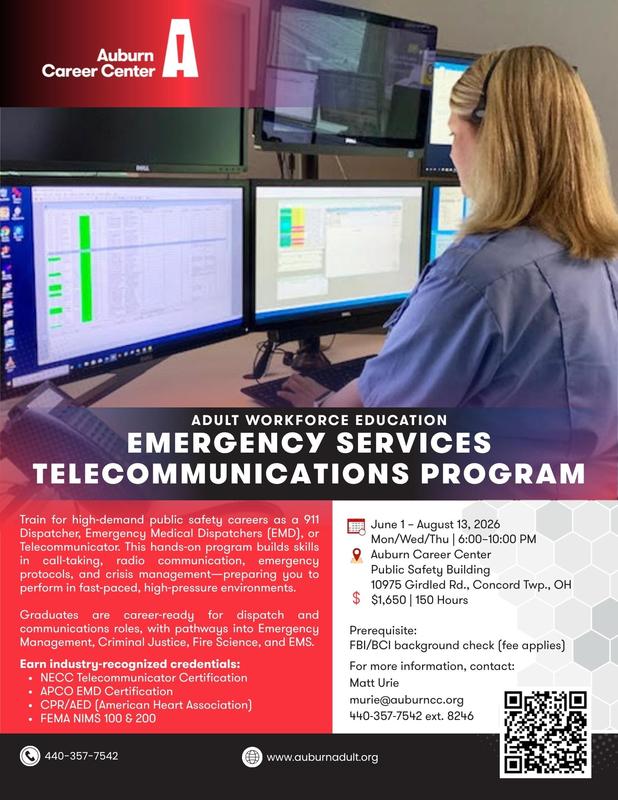 flyer with information and a woman working and looking at computers