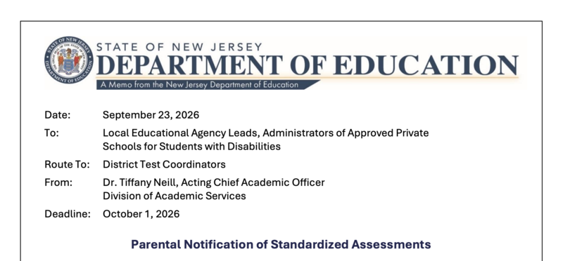 New Jersey Department of Education Parental Notification of Standardized Assessments