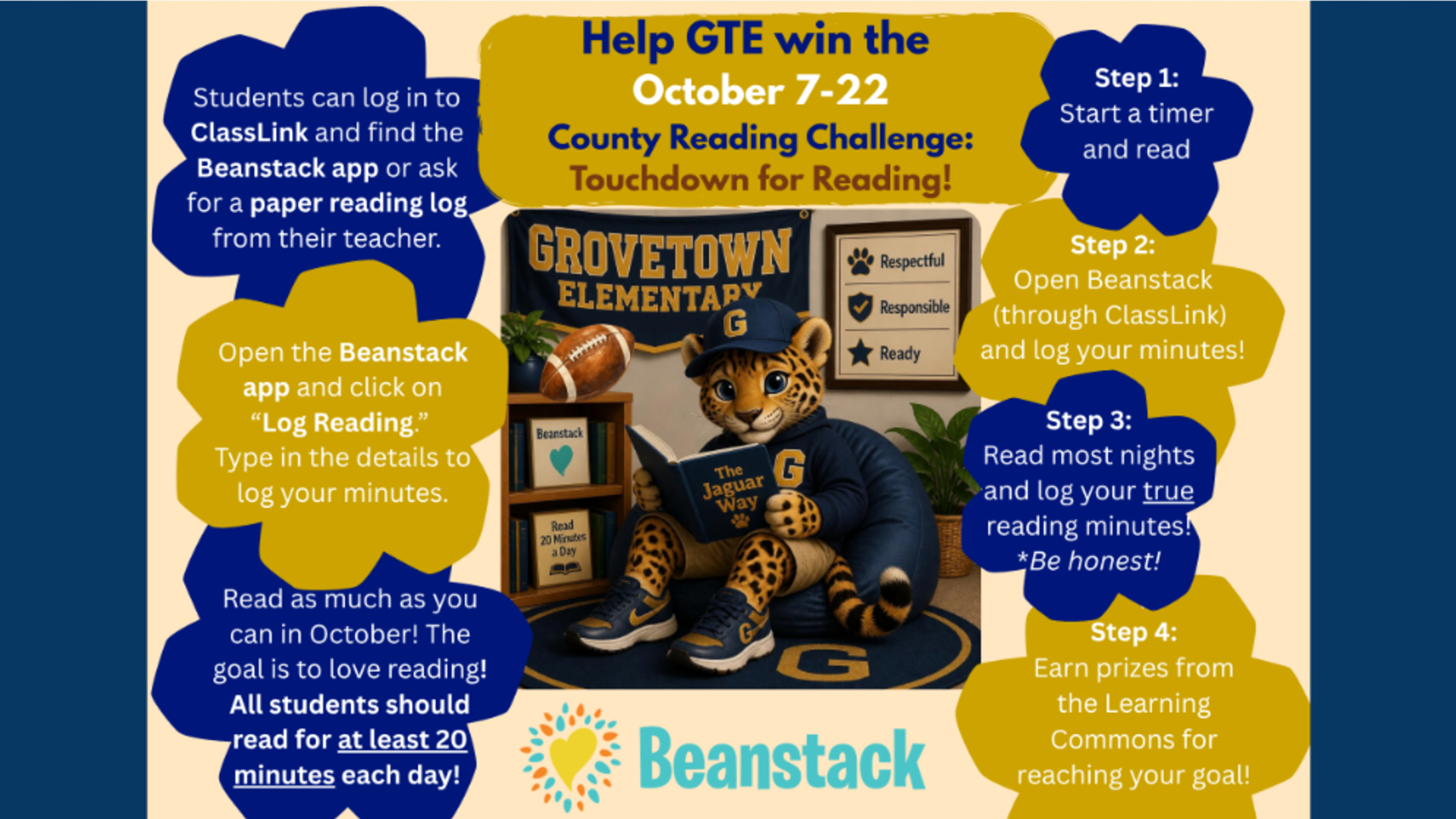 Grovetown Elementary reading challenge poster featuring a mascot and step-by-step instructions.
