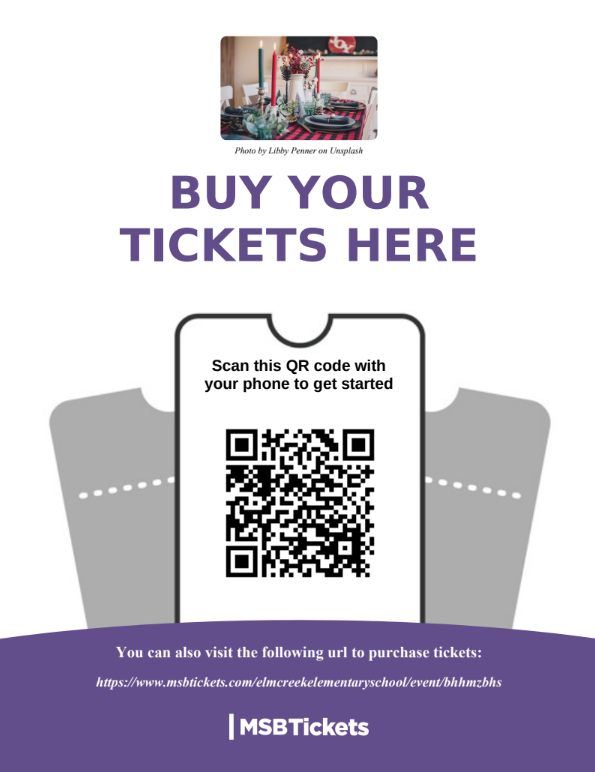 qr code, purple text box, photo of Christmas dinner table