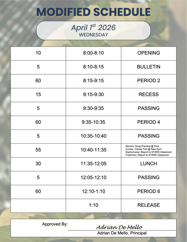 4/1/2026 Modified Bell Schedule