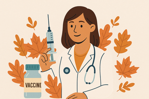 A doctor holding a vaccination, with autumn leaves in the background.